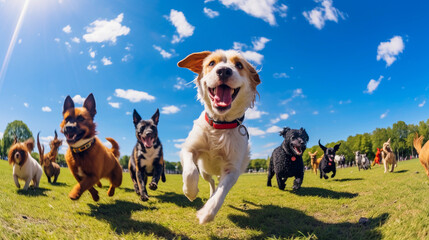 A lively and colorful image of a dog park on a sunny day, with dogs of various breeds playing and running freely. Wide angle - Powered by Adobe