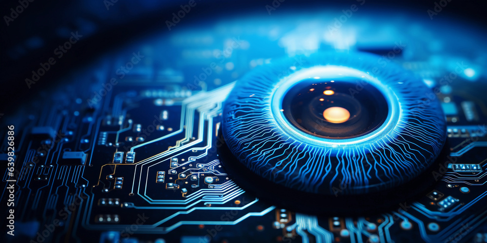 Poster a robot's eye, macro shot, detailed circuits, glowing blue, reflection of a binary code, abstract, d