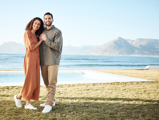 Couple, house pool and portrait with love, garden and happy from travel by the ocean. Smile, hug and gratitude from a woman and man together with care on vacation and relax at new holiday home