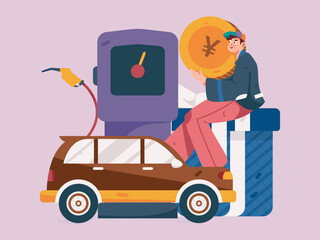 Vector internet operation hand-drawn illustration of people getting discounts for car refueling
