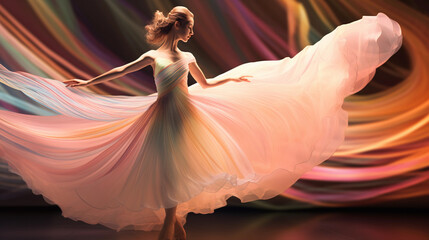 a ballet dancer model in a pirouette, swirling lines representing plugins, pastel color palette, dreamlike quality
