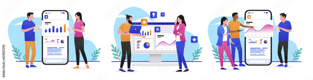 Aufkleber People with charts and data collection - Set of vector illustration of businesspeople looking at financial diagrams and statistics on computer. and device screen. Flat design with white background