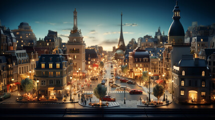 Obraz premium a miniature cityscape, complete with tiny inhabitants and moving vehicles, evening lighting, wide - angle shot