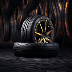 New car tires, with dark background