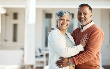 Portrait, mature couple and smile by home, bonding and having fun together. Happy face, Indian man and woman in healthy relationship, connection and support in trust for love in retirement at house