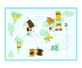 World map with delivery routes vector illustration. Couriers carrying boxes to delivery trucks, planes and warehouses, shipping orders to customers. Logistics, international delivery concept