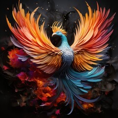 Obraz premium A mystical phoenix, rising from the ashes in a glorious display of colorful origami feathers