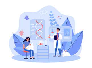 Scientists conducting experiments on bunny vector illustration. Doctors doing medical research in lab, working with chemicals and DNA, discovering cure for diseases. Medicine, science concept