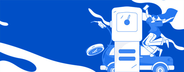 Vector internet operation hand-drawn illustration of people getting discounts for car refueling
