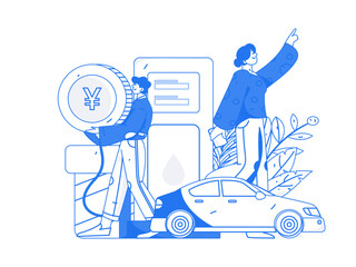 Vector internet operation hand-drawn illustration of people getting discounts for car refueling
