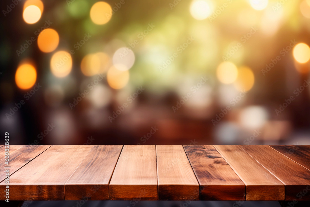 Wall mural empty wooden table in front of abstract blurred background for product display in a coffee shop, loc