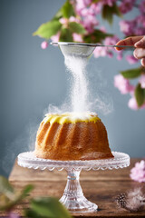 Cropped hand dusting sugar powder on top of the bundt cake. Behind is cherry blossom tree branch with blooming flowers. Spring set up. Easter themed bundt cake.