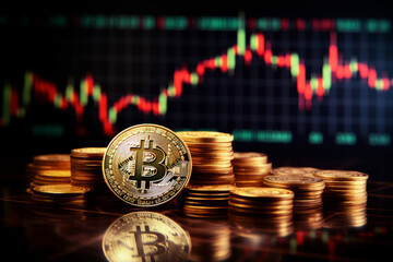 Bitcoin trading scene, bitcoins with trading charts