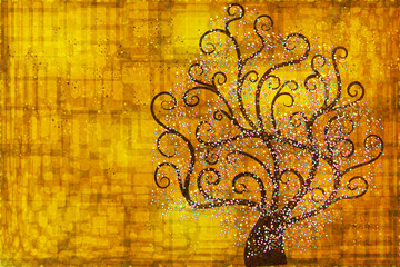 Abstract tree on a gold background. Abstract background. Trees with twisted branches. 
