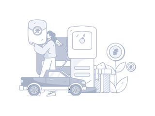 Vector internet operation hand-drawn illustration of people getting discounts for car refueling
