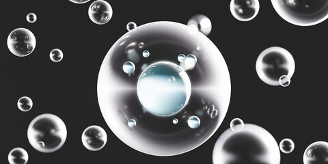 Dark background with transparent spherical bubbles and DNA strands. 3d animation