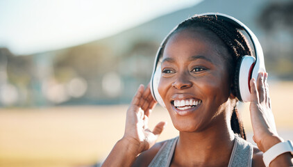 Headphones, mockup and black woman at fitness training or outdoor workout for health wellness and...
