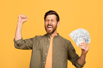 Lucky winner. Overjoyed middle aged man holding money cash in hands, euphoric male celebrating big...