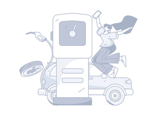 Vector internet operation hand-drawn illustration of people getting discounts for car refueling
