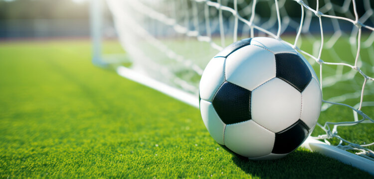 soccer ball on green grass field. banner with copy space