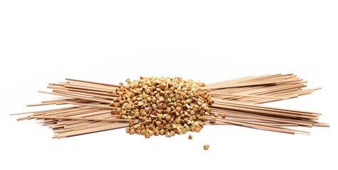 Soba noodles, buckwheat and wheat flour pasta, grains isolated on white 