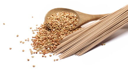 Soba noodles, buckwheat and wheat flour pasta, grains in wooden spoon isolated on white 