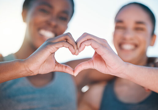 Friends, Fitness And Closeup, Women With Heart Hands And Emoji, Wellness And Health, Support And Love Sign Outdoor. Happiness, Care And Exercise, Cardio And Sports, Healthy And Workout Together