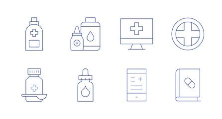 Pharmacy icons. Editable stroke. Containing hand sanitizer, liquid drop, online pharmacy, pharmacy, syrup, eye drop, book.