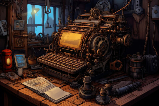 Manga drawing of a steampunk computer