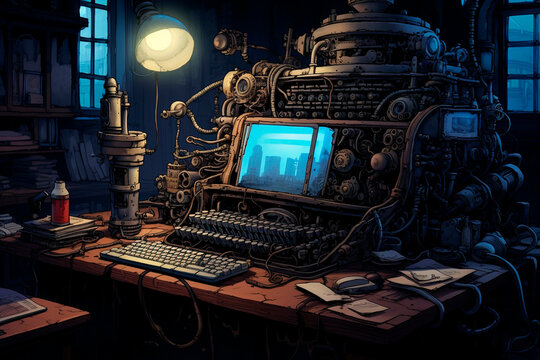 Manga drawing of a steampunk computer