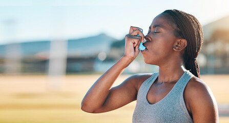 Fitness, breathe and black woman with asthma, inhaler or pump at sports court for training with...