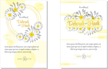 Fototapeta na wymiar Wedding invitation template on floral background with white daisies