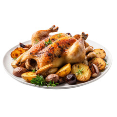 roasted chicken with vegetables on white background