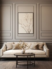  Stylish beige velvet sofa against paneling wall. Interior design of modern living room.