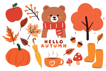 cartoon set of fall autumn vibes sticker set. hand drawing lettering, decor element. cute colorful illustration sticker