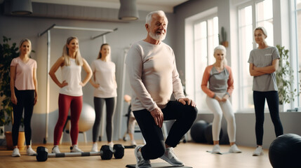 Fototapeta premium Senior group doing squat exercise with physiotherapist in gym. Elderly men and women having physiotherapy class, rehab course with trainer guide. Elderly people healthy lifestyle generative Ai