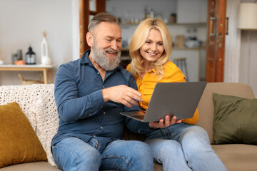 Happy couple of pensioners using laptop at home reading emails