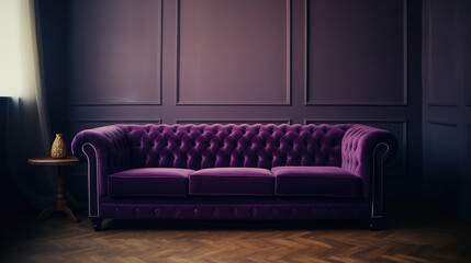 Couch with bright accents in the living room. Velour modern purple couch A blank wall in ivory, beige, or taupe, tan, or creamy tones. Interior of a stark, wealthy, minimalist room.