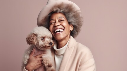 A joyful afro senior woman wearing a stylish hat and her dog pose gracefully against a pink background. Generative AI