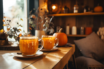 Cozy Fall Vibes, rustic interior with pumpkin decor, steaming mugs of hot drinks