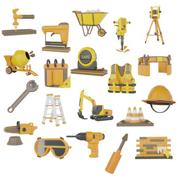 Construction Equipment 3d Asset Icons Set of 3d render icons higt resulation on white background. 3d render icon set.