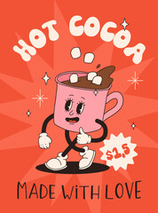 Funny Retro cartoon christmas Character in groovy 50s, 60s, 70s Vintage Style. Happy new year mascot with hot coffee, cocoa, gingerbread, cake, cupcake and cookie. Xmas vintage characters.