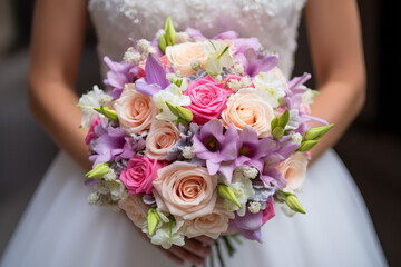 Obraz na płótnie Canvas Bridal bouquet: Bride is holding a beautiful flower bouquet, close-up view