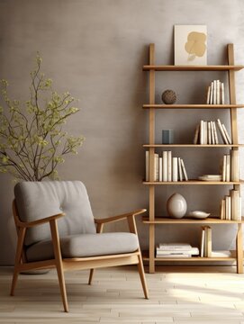 Wooden bookshelf and armchair. Scandinavian interior design of modern living room