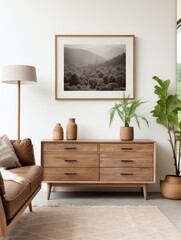 Wooden chest of drawers and art poster on white wall. Interior design of modern rustic living room
