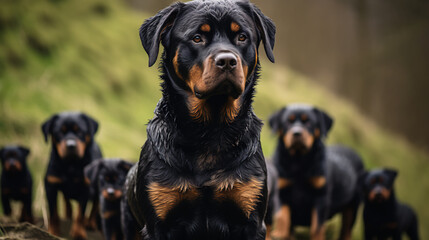 A brave Rottweiler standing guard and protecting its family with unwavering loyalty.