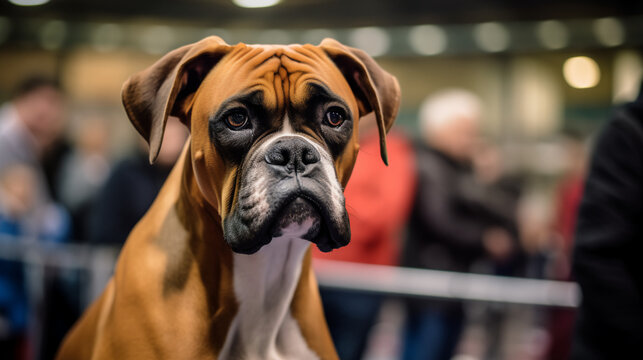 A strong and powerful Boxer showing off its impressive physique during a dog show.