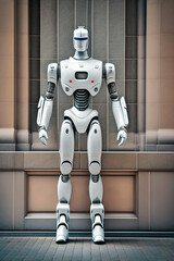 Digital image of an artificially intelligent robot in front of a wall