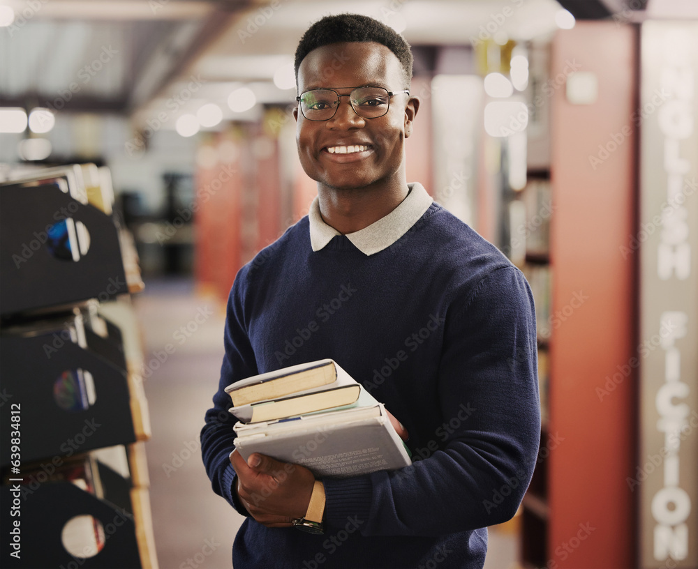 Aufkleber student, university and portrait of black man in library for learning, education and reading books. 