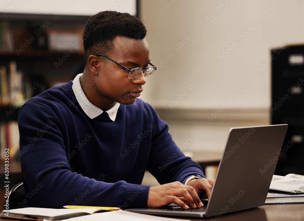 Poster Student, learning and black man typing on a laptop in university or college campus working on assignment project. Online, studying and young person prepare for internet exam or doing research